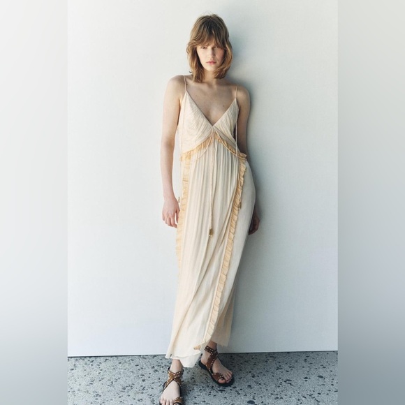 Zara Cream Maxi Dress long flowy boho summer casual vacation wedding sundress - Picture 4 of 13